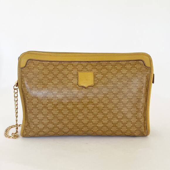 CELINE  Vintage Macadam Clutch Bag Purse PVC Leather Camel Authentic - Picture 1 of 11